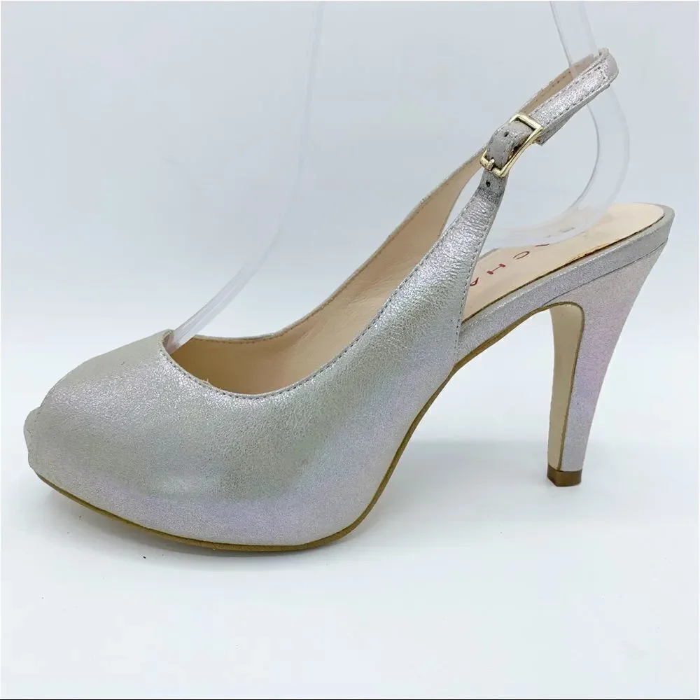 Lulu Townsend‎ Tara Iridescent Silver Sling Back Peep Toe Platform Evening Heels